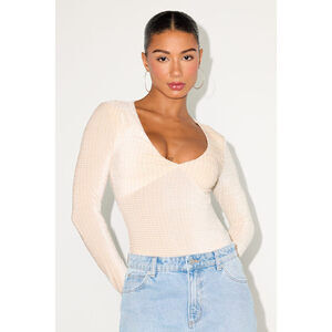 Lulus Stelly Shiny Light Beige Velvet Textured Long Sleeve Bodysuit - Size S